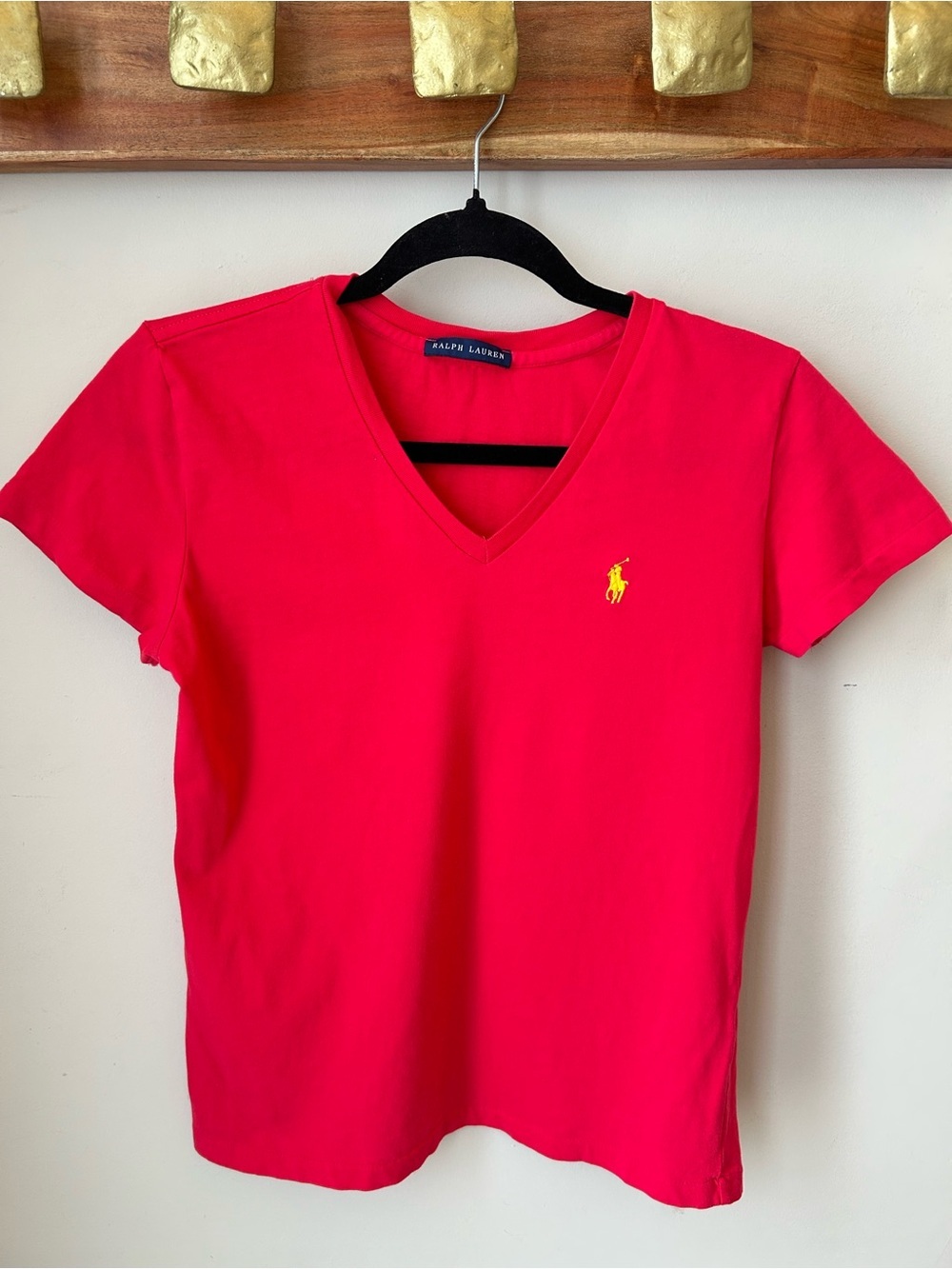 🟢 5 for $25 🟢 Ralph Lauren V-Neck Tee in Hot Pink with Yellow Pony Icon Cotton
